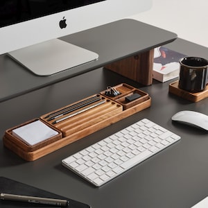 Beech Wood Desk Organizer Set - Handmade Minimalist Tray & Office Storage, Office Desk Accessories, Docking Station, Gift for Men Women