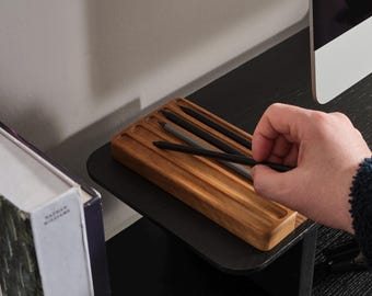 Półka na długopisy z drewna bukowego: ręcznie robiony minimalistyczny organizer na biurko, nowoczesny dodatek do biura