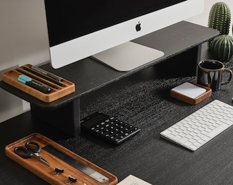 Support d'écran, contremarche d'ordinateur en bois de chêne noir, support d'écran de bureau avec rangement, contremarche d'écran de bureau, organisateur de support d'écran, cadeau