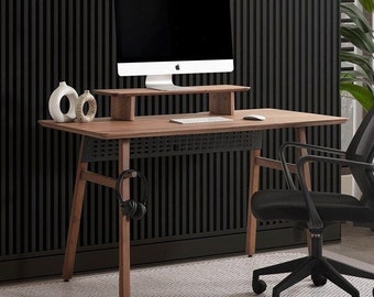 Escrivaninha de nogueira maciça com pés de madeira, mesa de computador com borda natural para escritório em casa, mesa executiva toda em madeira, escrivaninha moderna de meados do século