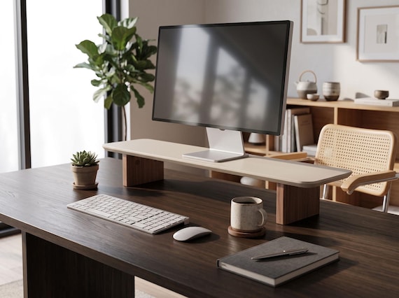 Handmade Wooden Monitor Stand, Ergonomic Desk Riser, Minimalist Storage Shelf (Anthracite/Cream)