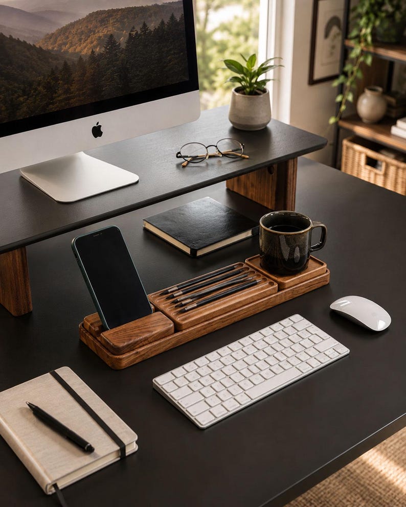 May include: A dark wood desk organizer set featuring a vertical smartphone stand, a rectangular tray with four black pencils, and a square coaster holding a dark ceramic mug. The organizer sits on a black desk surface near a white keyboard.
