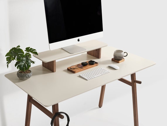 Handmade Cream Monitor Stand: Minimalist Wood Desk Riser, Modern Home Office Organizer