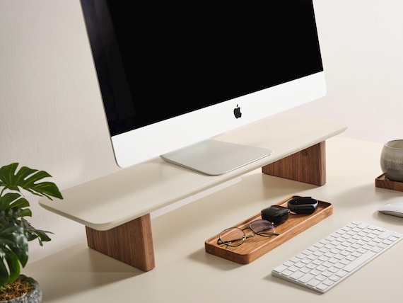 Ergonomic Monitor Stand Riser: Modern Desk Organizer Shelf, Anthracite & Cream