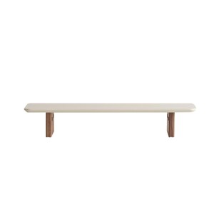 Puede incluir: Banco minimalista con tapa color crema y dos patas de madera marr&oacute;n oscuro. El banco es rectangular y parece ser de madera. El dise&ntilde;o es simple y moderno, adecuado para varios estilos de interior.