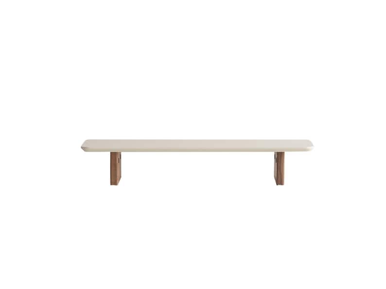 Puede incluir: Banco minimalista con tapa color crema y dos patas de madera marr&oacute;n oscuro. El banco es rectangular y parece ser de madera. El dise&ntilde;o es simple y moderno, adecuado para varios estilos de interior.
