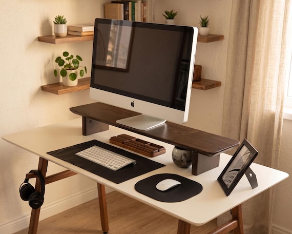 Solid Spruce Wood Monitor Stand, Minimalist Desk Shelf, Dark Wood Organizer