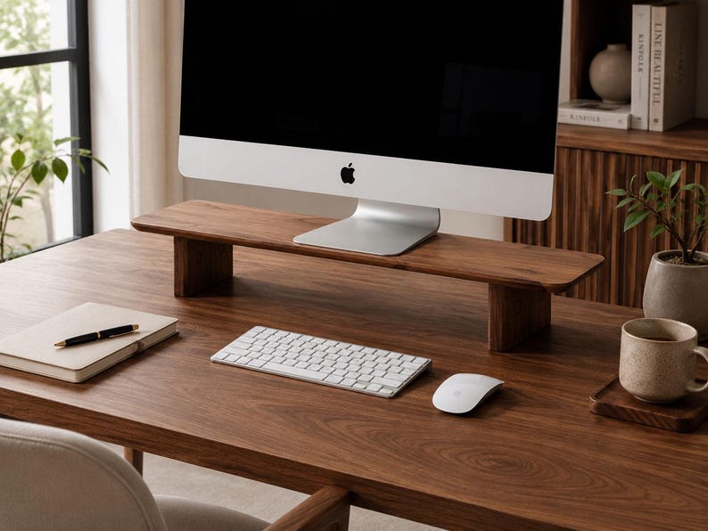 May include: A rectangular dark wood monitor stand with a smooth, flat top surface and two sturdy block-style legs. The stand is positioned on a matching dark wood desk, supporting a silver computer monitor with a black screen and an Apple logo.
