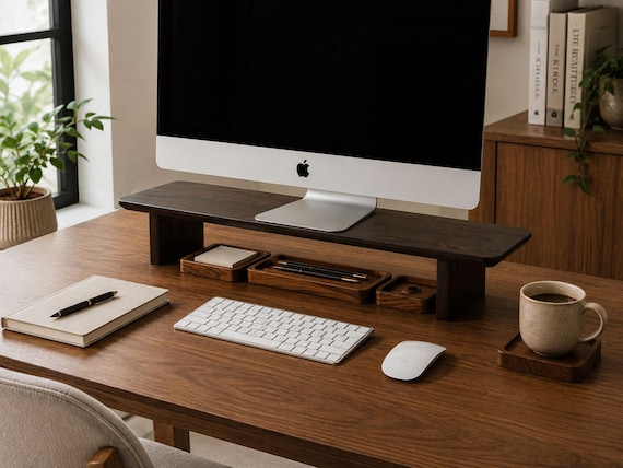 Solid Spruce Wood Monitor Stand, Dark Finish, Ergonomic Desk Shelf (31 or 38 Inch)