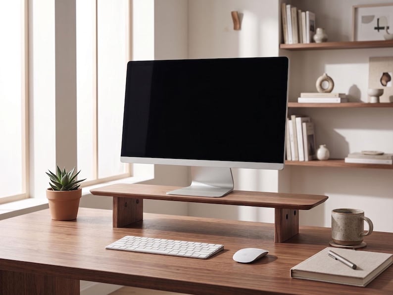 May include: A rectangular dark wood monitor stand with a smooth surface and two sturdy side supports. The stand is positioned on a wooden desk, holding a silver computer monitor, with a white keyboard and mouse placed in front of the stand.