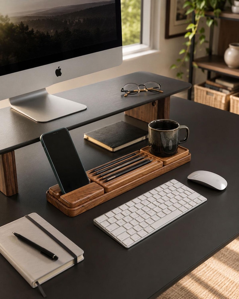 May include: A wooden desk organizer featuring a dedicated slot for a smartphone, a recessed tray for pens, and a square coaster section for a mug. The organizer is crafted from natural wood with a visible grain, positioned on a black desk surface.