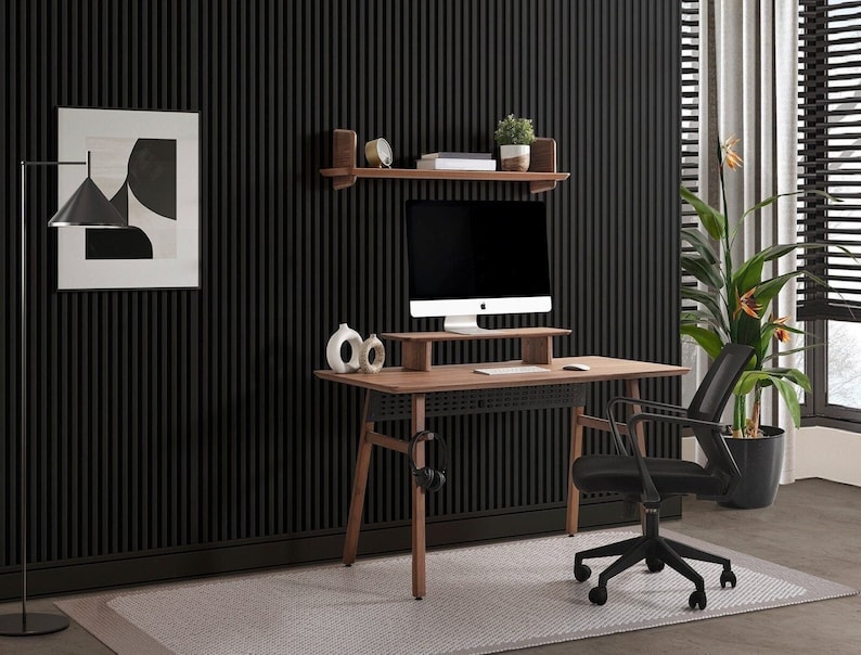 Solid Walnut Desk With Wooden Legs, Live Edge Computer Desk for Home ...