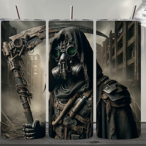 Post-Apocalyptic Reaper 20oz Skinny Tumbler Wrap, Seamless, Straight Sublimation Template PNG, Digital Instant Download for Sci-Fi Fans