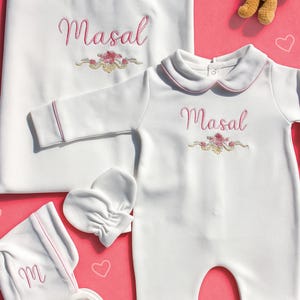 Personalized Baby Girl Romper Set | Custom Name Newborn Outfit 0–3M | Embroidered Floral Romper | Coming Home | Baby Shower Gift