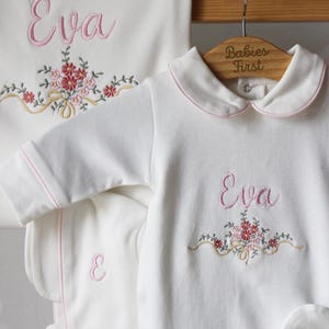 Personalized Floral Baby Girl Romper Set | Embroidered Name Outfit 0–3M | Organic Cotton | Custom Coming Home Set | Baby Shower Gift