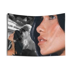 May include: A black and white photo collage featuring a woman with dark hair and a close-up of her face. The background includes a black and white photo of another woman and a sign that reads "CLUB HEAVEN".