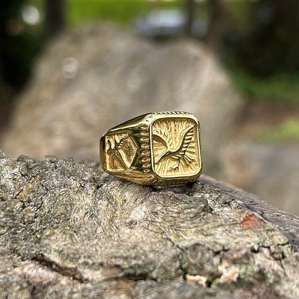 Gold Chunky Signet Ring | Gothic Family Crest Ring | Pinky Ring | Mens Gold Ring Jewellery | Unique Chunky Ring | Gift For Him | Antique