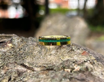 Gold Malachite Ring | Malachite Wedding Band | Malachite Tungsten Carbide Ring | Green Stone Ring for Men | Anniversary Gift | Promise Ring