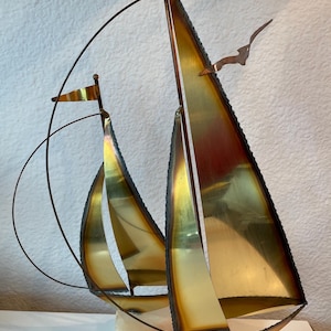 Vintage Art Brass Copper Sail Boat Sculpture Marble Base Signed | Brass Sailing Boat Figurine | Metal Sail Boats Figure
