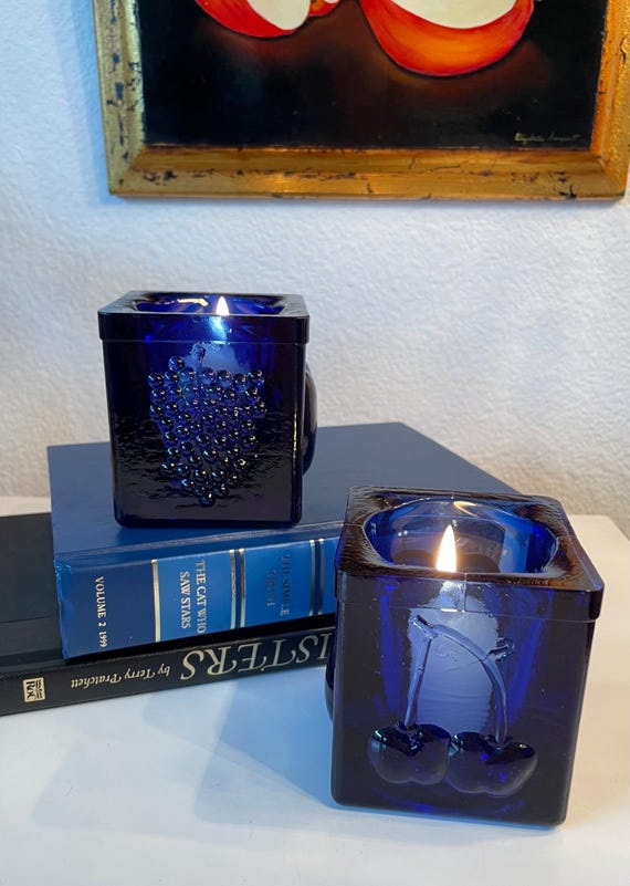 ヴィンテージ コバルトブルー キャンドルホルダー 2個セット | プレス