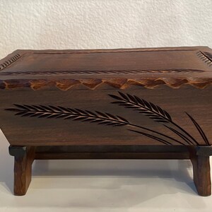 Vintage Hand Carved Wooden Box with Legs | Lidded Wooden Box with Wheat Design | Hinged Wood Trinket Box with Lid | Storage Lidded Box