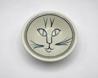 Handmade Ceramic Cat Face Bowl, Studio Pottery Catchall Dish, Minimalist White & Blue Whiskers Cat Art, Quirky Kitchen or Desk Decor