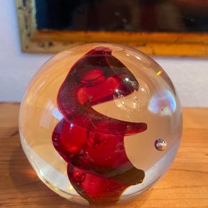 Vintage Clear Whisp Red Paperweight Signed | Artist Signed Red Swirl Glass Paperweight | Beautiful Clear Swirl Glass Paperweight