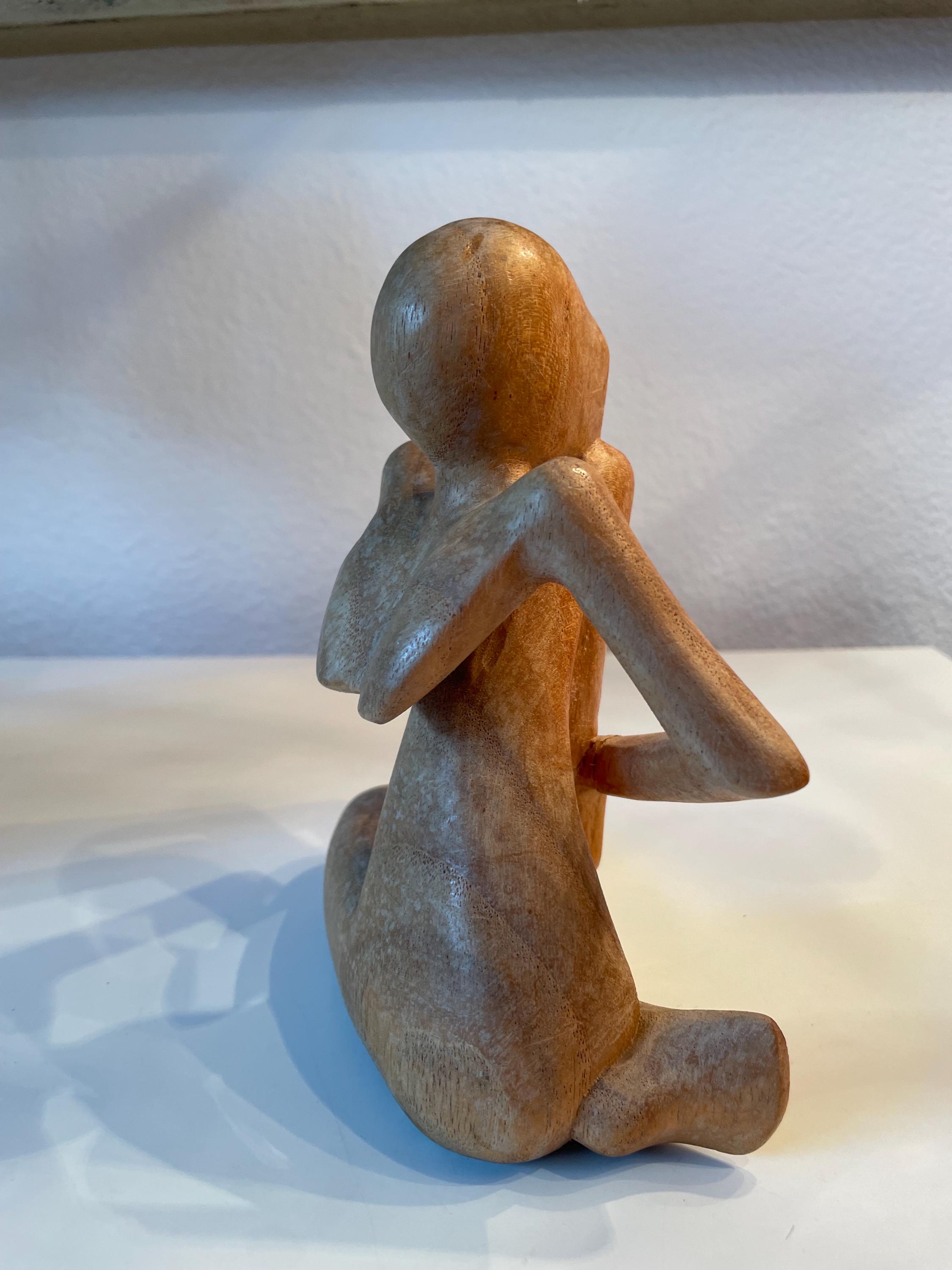Vintage Hand Carved Wooden Meditation Sculpture | Abstract Seated
