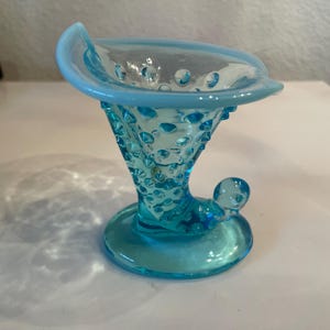 Fenton Blue Opalescent Hobnail Glass Cornucopia Horn of Plenty Vase Candleholder