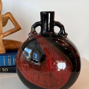 Gumps Pottery ceramic Glazed Vase Black Moon San Francisco | Japan Derp Glazed Black Red Pottery