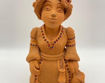 Vintage Mexican Clay Pottery Female Figure | Jewelled Female Clay Pottery