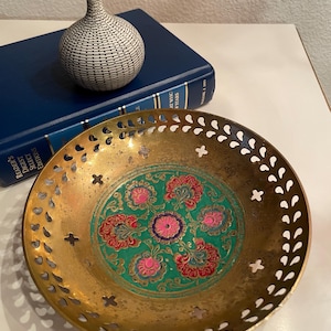 Vintage Brass Bowl with Floral Enamel Pierced Design | Colorful Brass Bowl | Brass Tinket Jewelry Dish | Brass Decorative Footed Bowl
