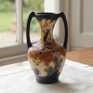Wazon Vintage Regina Gouda Holland Art Pottery 386 Jola z podwójnym uchwytem w stylu secesyjnym, matowy, czarno-niebiesko-żółty, abstrakcyjny, ceramiczny