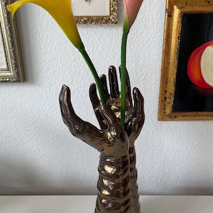 Vintage Iridescent Bronze Ceramic Hands Vase Figurine | Hand Statue Shelf Decor | Jewelry Holder | Metallic Sculpture