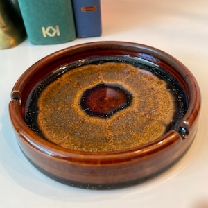 Vintage Round Ceramic Ashtray | Artist Signed Pottery Art Ash Tray | Gold, Brown and Black Ashtray | Decorative Ashtray | Gift for Him