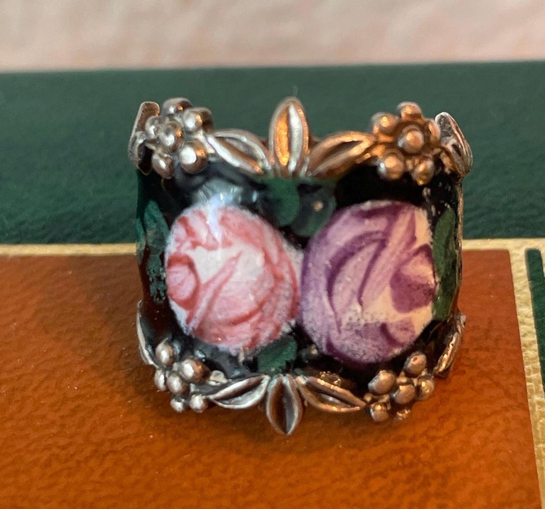 Lovely Hand Painted Floral Vintage Sterling Espo Ring Size 8-81/4 - Etsy