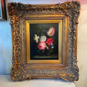 Original Oil Floral Bouquet Painting on canvas | Gold Gilt Carved Wood Frames Fllowers Oil Painting | Vintage Oil Painting Signed