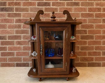 Vintage Wooden Wall Display Cabinet - Glass Door Curio Shelf - Miniature Curio Cabinet - Collectible Display Case - Brown Wood Decor