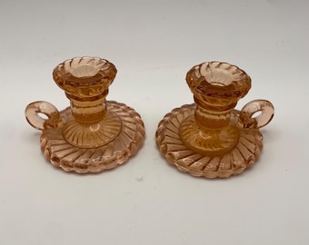 Depression Glass Candlestick Chamberstick Peach Colored Set of 2