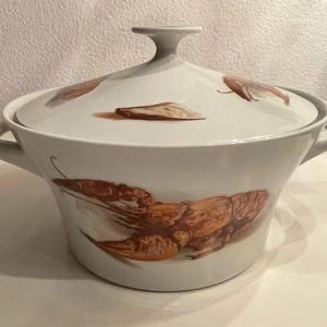 JKW Bavarian Porcelain Soup Tureen with lid Lobster | Western Germany Fine Porcelain Tureen | Hand painted with lobsters and shellfish Bowl