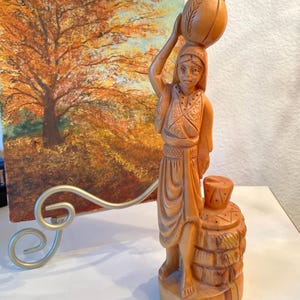 Vintage Hand Carved Wooden Woman | Wooden Water Bearer at Well Figurine | Hand Carved Wood figure Female