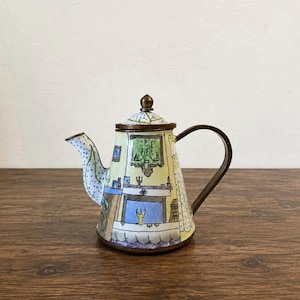 Vintage Empress Arts miniatyr emalj tekanna prydnadsask, handmålad mysig heminredning öppen spis mikro tekanna
