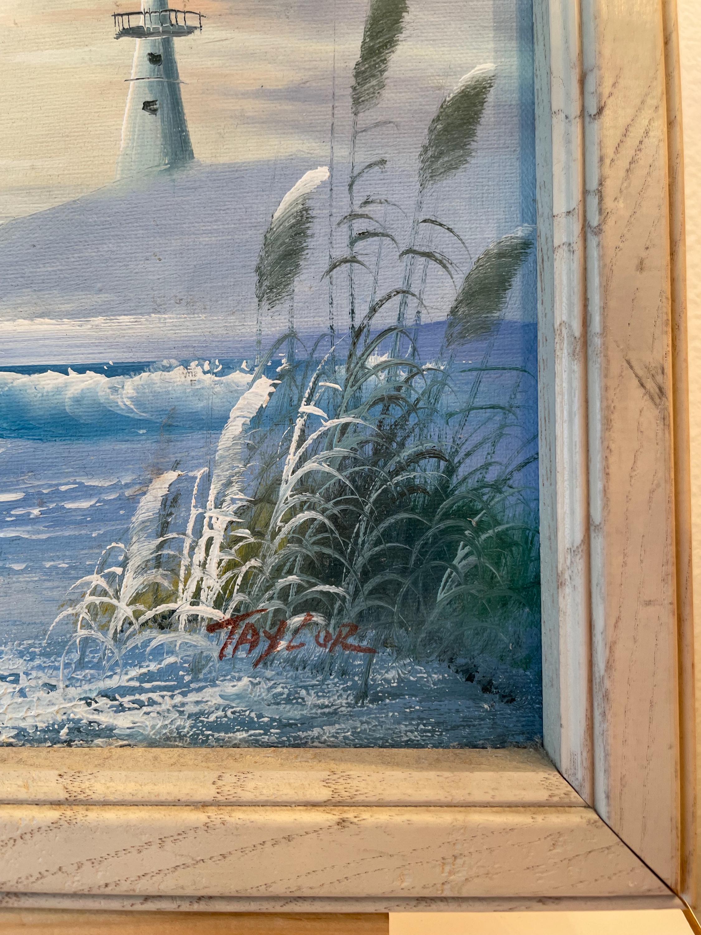 灯台と海の風景 油彩画 木製フレーム付き ヴィンテージ ロイ・テイラー 油絵（ボード） | 海景油絵（ハード