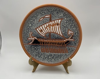 Handmade Terracotta Greek Wall Plate | Viking Ship Pottery Plate by Bonis | Rhodes Greece Ceramic Wall Decor