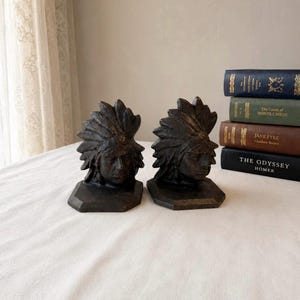 Antique Bronze Clad Native American Chief Bookends Pair | Vintage Western Bronze Bust Headdress Art | Armor Bronze Style Indigenous Portrait