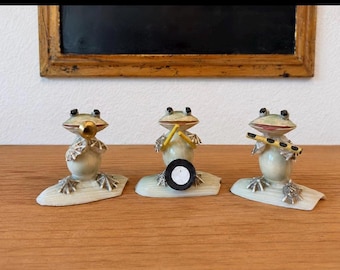Estátuas vintage de sapos musicais de concha | Estatueta japonesa de banda de sapos de concha
