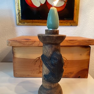 Vintage Wooden Monkey Candlestick Holder | Wooden Carved Monkey Candle Holder | Folk Art Monkey Candleholder