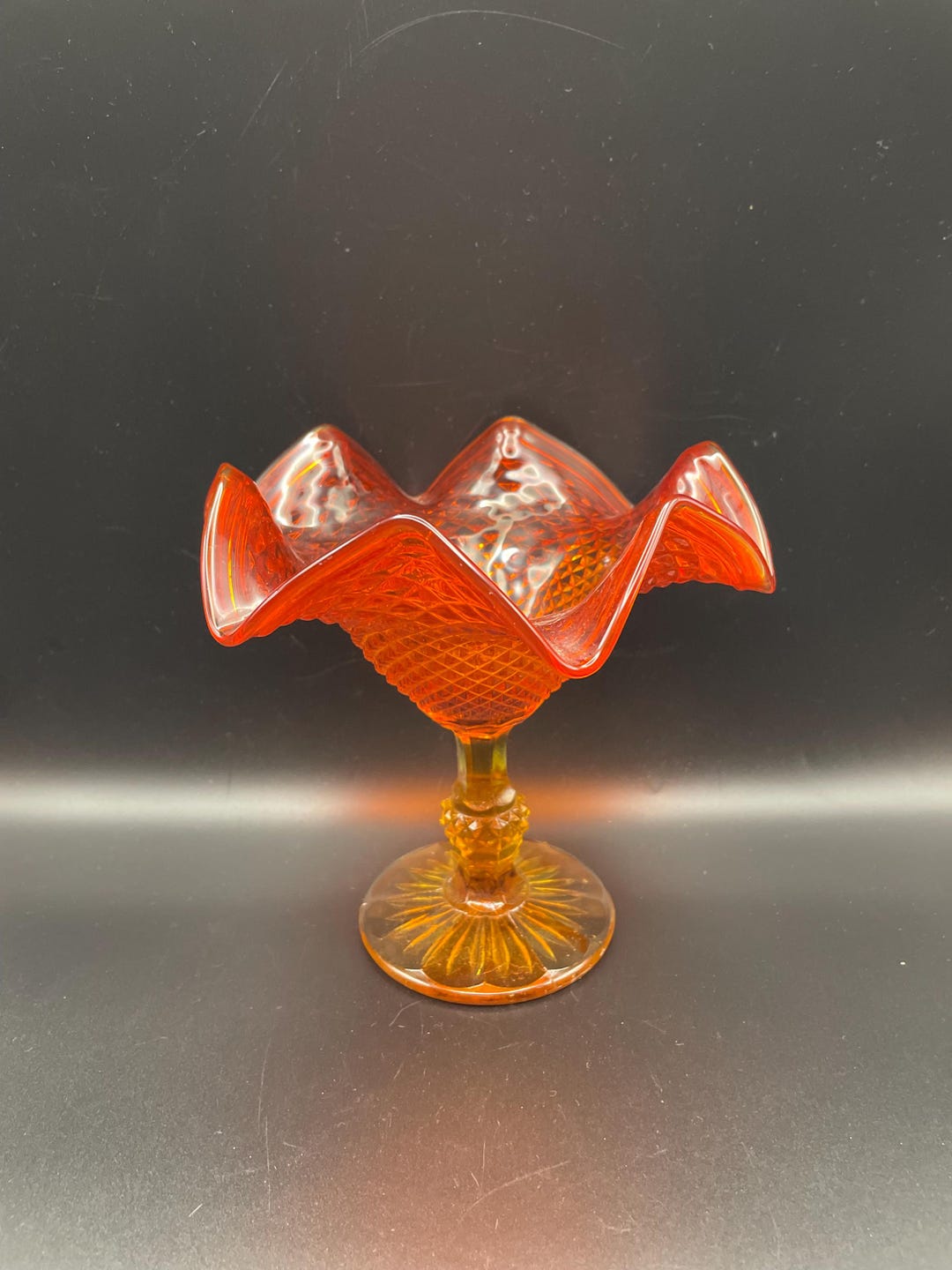Vintage Ruby Red Candy Dish Diamond Cut Ruffled Pedestal Bowl ...
