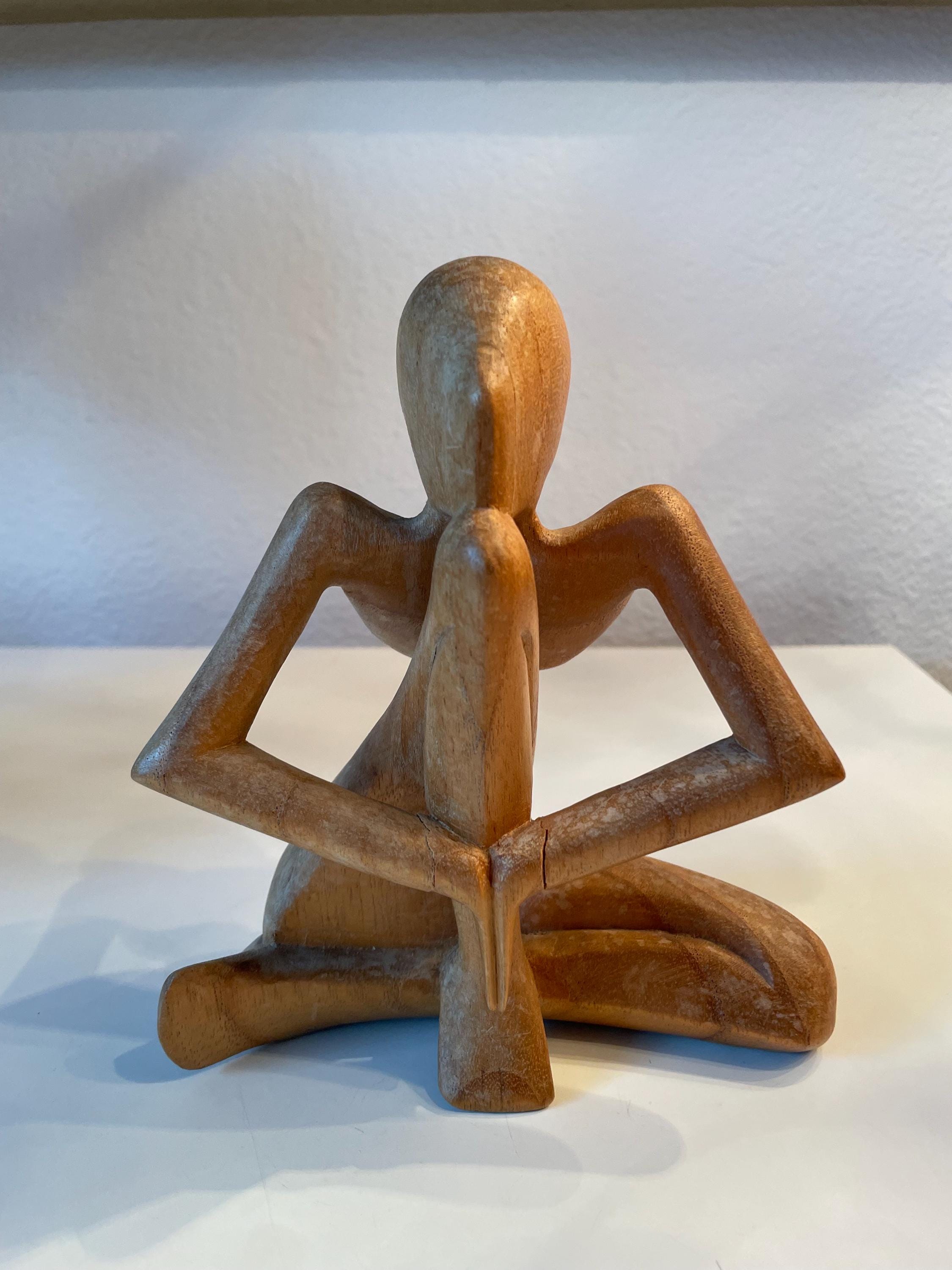 Vintage Hand Carved Wooden Meditation Sculpture | Abstract Seated