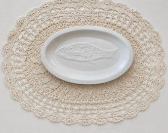 Italian White Ceramic Fish Serving Platter | Oval Seafood Serving Dish | Raised Fish Relief Platter | Coastal Cottage Kitchen Decor